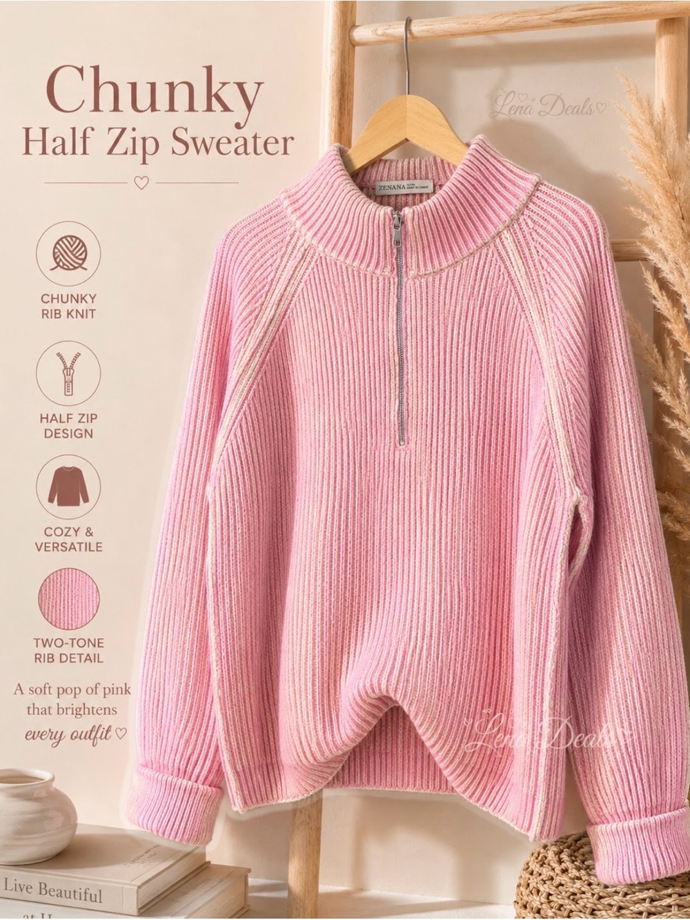 Zenana Ribbed Two Tone Light Pink Half Zipper Sweater Women’s Different Size